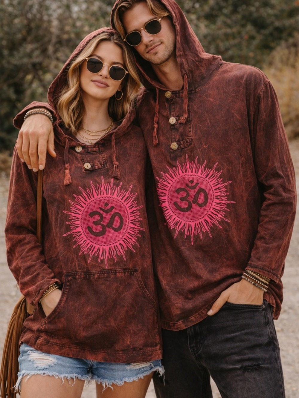 Rhea OM Hoodie NWT Unisex Size L Maroon Acid Wash Boho Pullover Sweatshirt A23